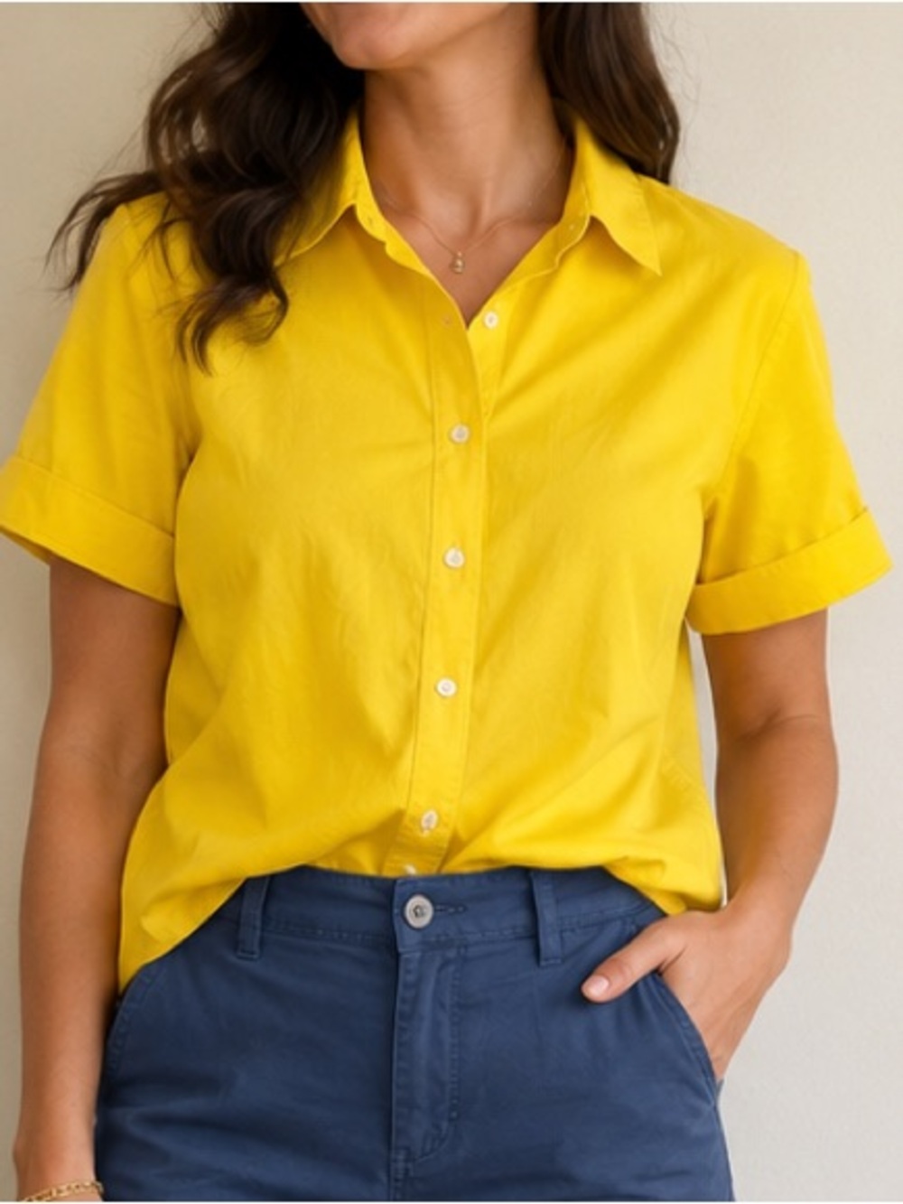 Banana Republic Ladies Yellow Short-Sleeve Button-Down Shirt